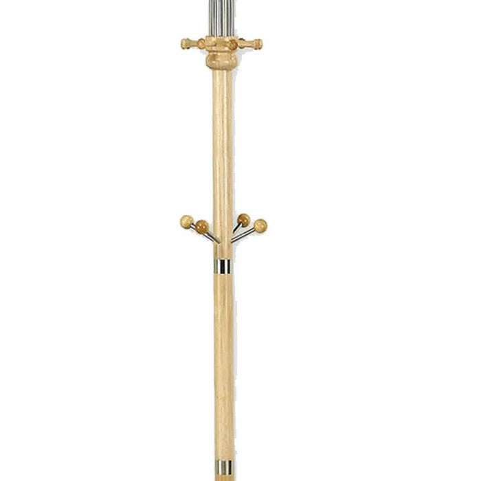Metal Pole Coat Rack with Round Base and Multiple Hooks, Natural Brown