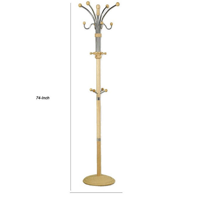 Metal Pole Coat Rack with Round Base and Multiple Hooks, Natural Brown