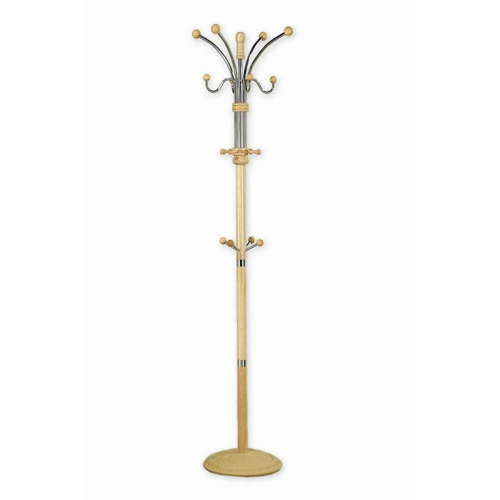 Metal Pole Coat Rack with Round Base and Multiple Hooks, Natural Brown