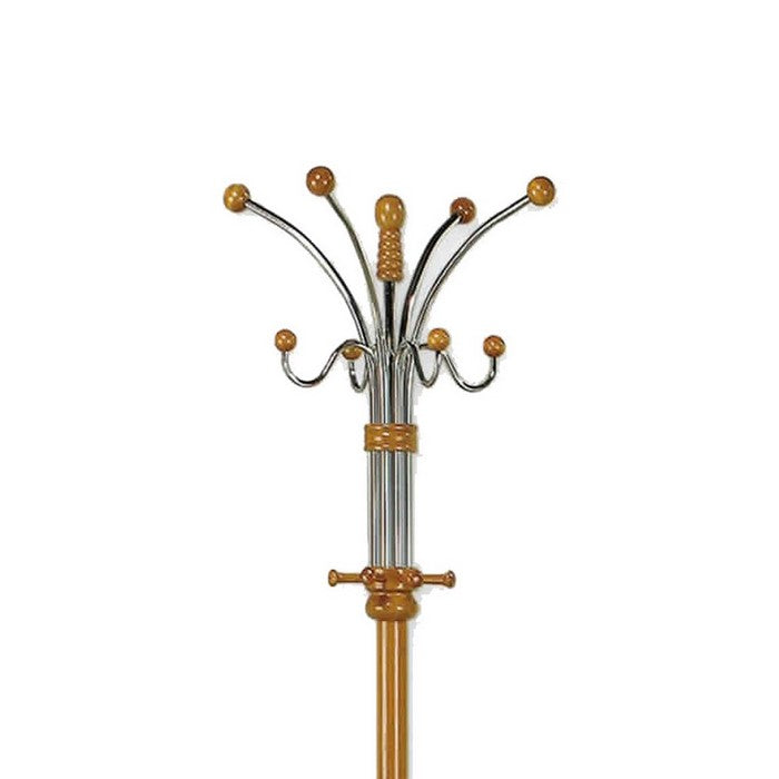 Metal Pole Coat Rack with Round Base and Multiple Hooks, Oak Brown