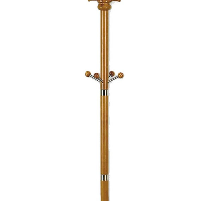 Metal Pole Coat Rack with Round Base and Multiple Hooks, Oak Brown