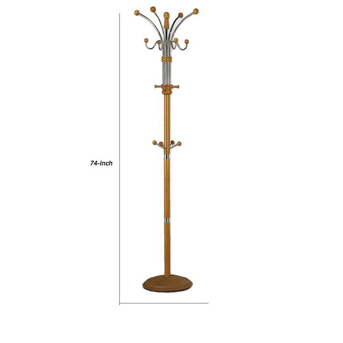 Metal Pole Coat Rack with Round Base and Multiple Hooks, Oak Brown