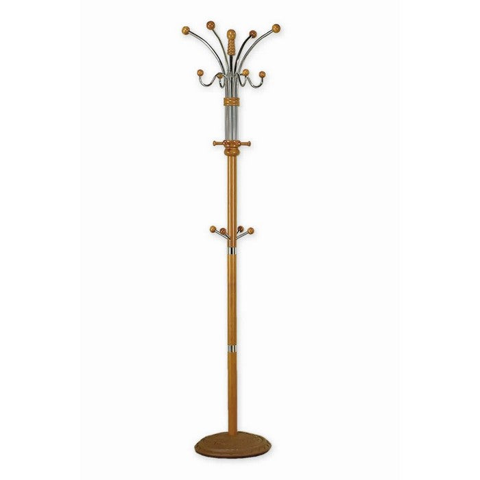 Metal Pole Coat Rack with Round Base and Multiple Hooks, Oak Brown