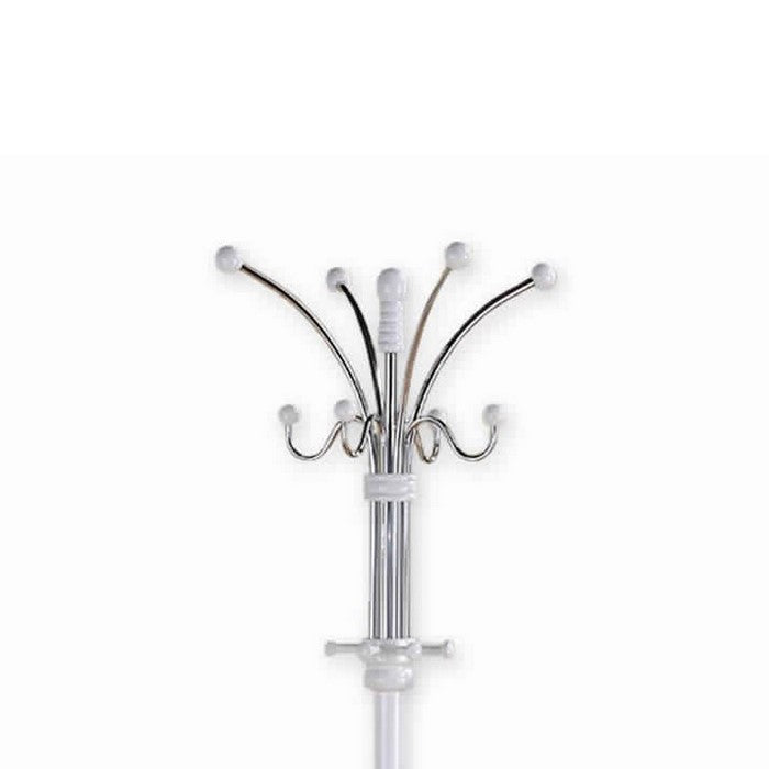 Metal Pole Coat Rack with Round Base and Multiple Hooks, White