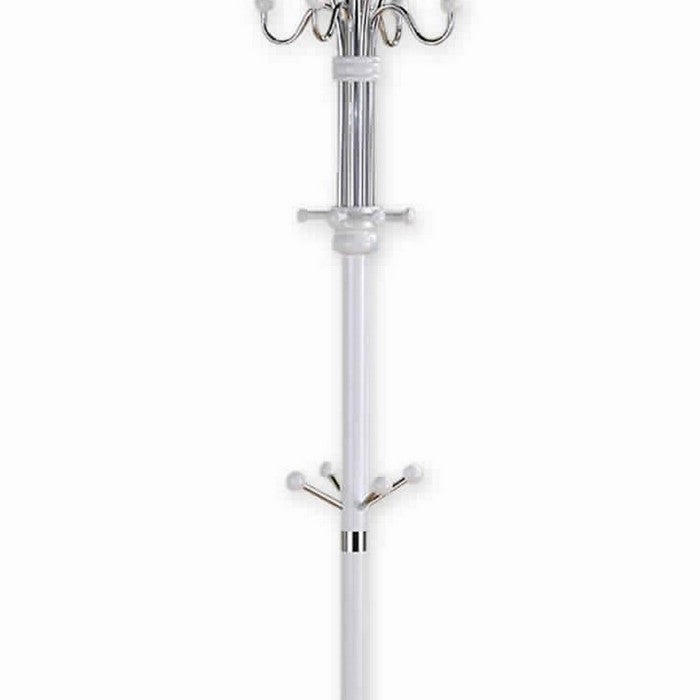 Metal Pole Coat Rack with Round Base and Multiple Hooks, White