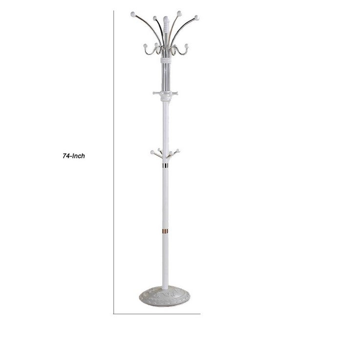 Metal Pole Coat Rack with Round Base and Multiple Hooks, White