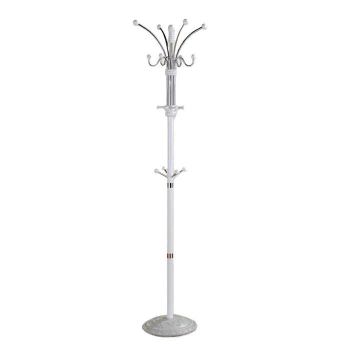 Metal Pole Coat Rack with Round Base and Multiple Hooks, White