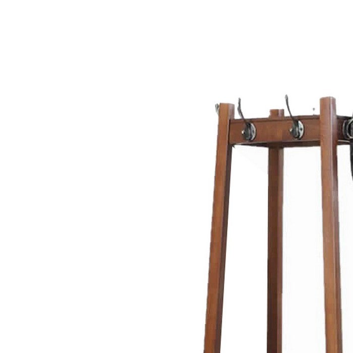 Wooden Frame Hall Stand with 8 Dual Hooks and 3 Shelves, Cherry Brown