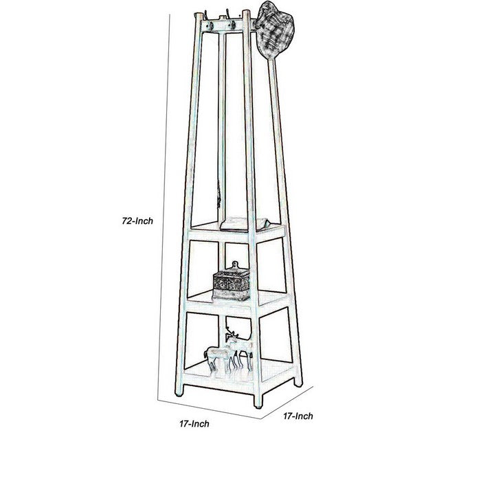 Wooden Frame Hall Stand with 8 Dual Hooks and 3 Shelves, Cherry Brown