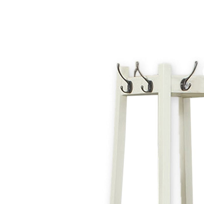 Wooden Frame Hall Stand with 8 Dual Hooks and 3 Shelves, White
