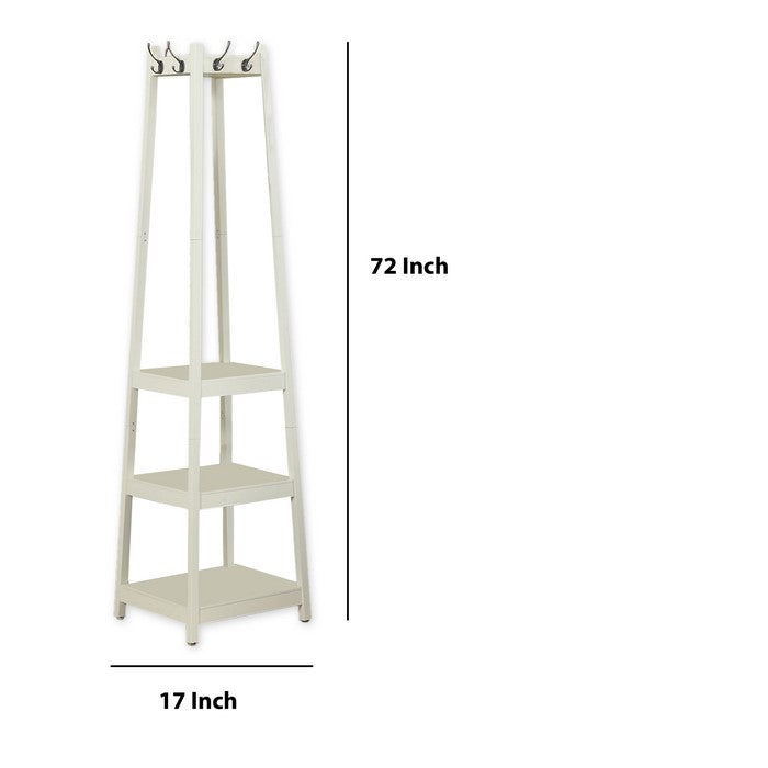 Wooden Frame Hall Stand with 8 Dual Hooks and 3 Shelves, White