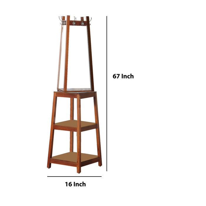 Wooden Swivel Hall Stand with Mirror and Multiple Hooks, Cherry Brown