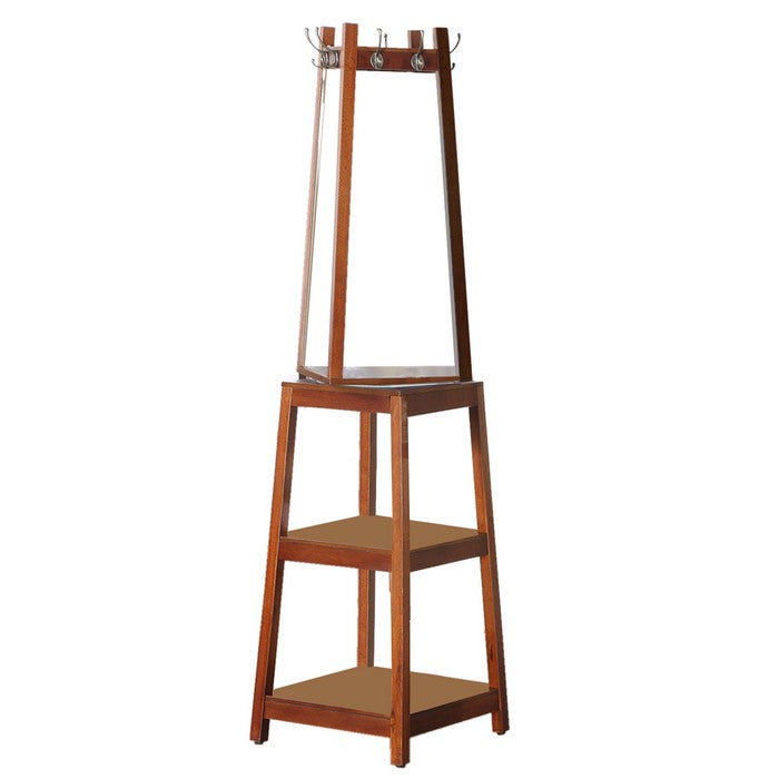 Wooden Swivel Hall Stand with Mirror and Multiple Hooks, Cherry Brown