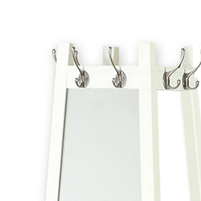 Wooden Frame Swivel Hall Stand with Mirror and Multiple Hooks, White