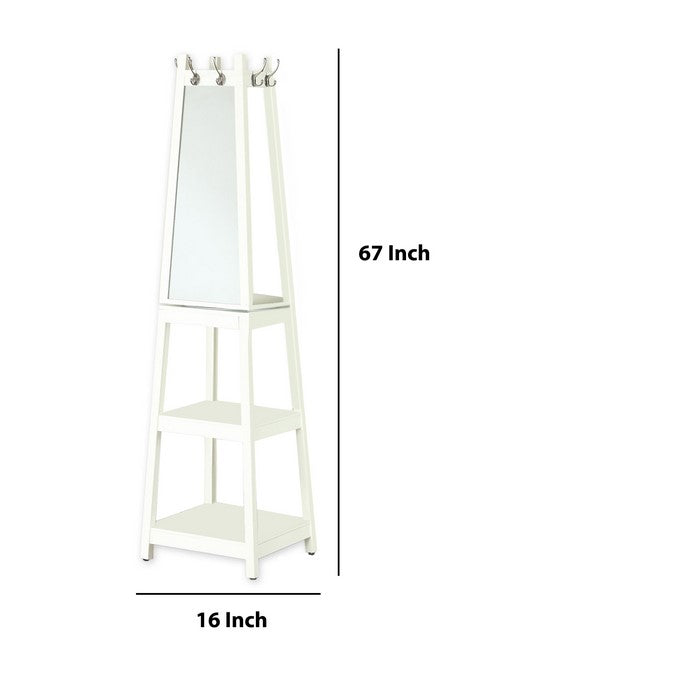 Wooden Frame Swivel Hall Stand with Mirror and Multiple Hooks, White
