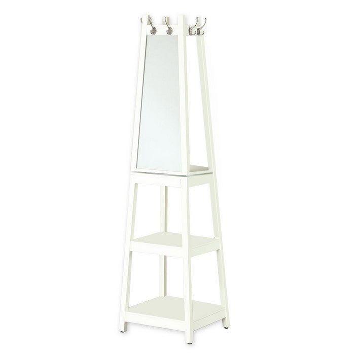 Wooden Frame Swivel Hall Stand with Mirror and Multiple Hooks, White