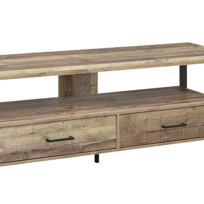 59 Inch Wooden TV Console with 2 Storage Drawers and Open Shelf, Brown