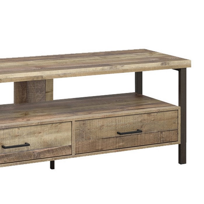 59 Inch Wooden TV Console with 2 Storage Drawers and Open Shelf, Brown
