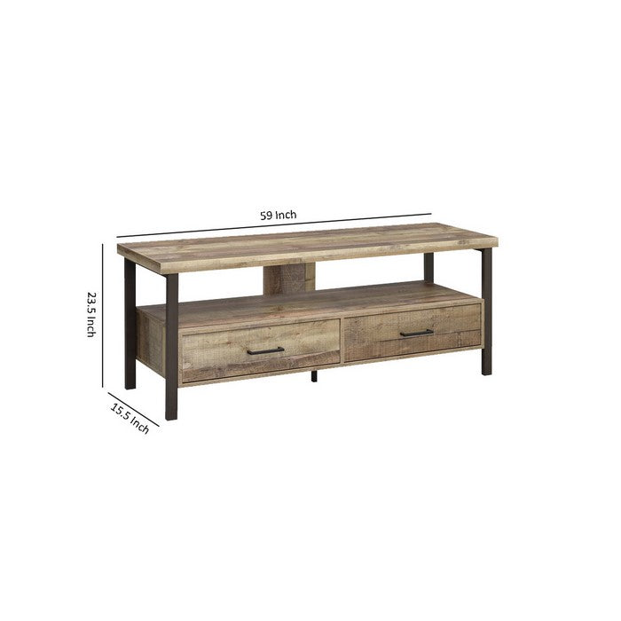59 Inch Wooden TV Console with 2 Storage Drawers and Open Shelf, Brown