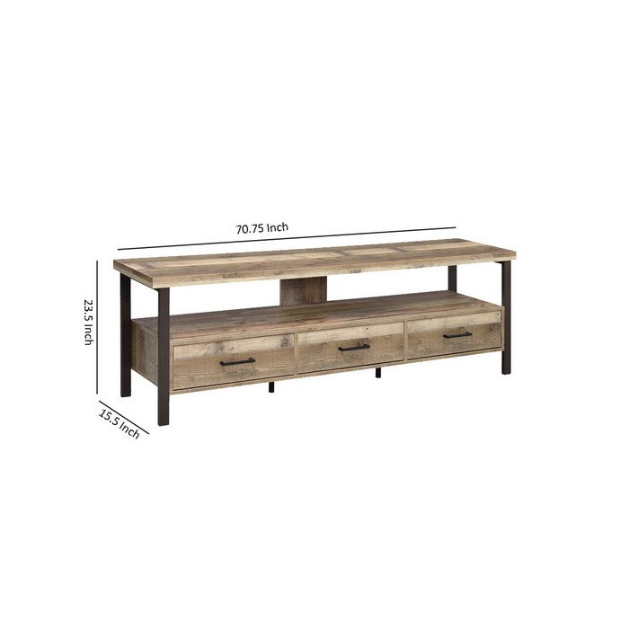 71 Inch Wooden TV Console with 3 Storage Drawers and Open Shelf, Brown