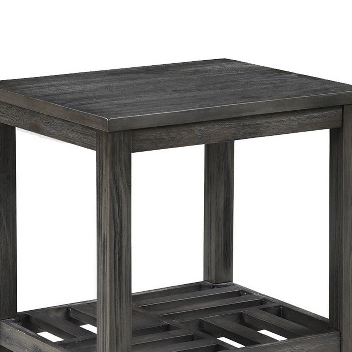 Transitional Style Wooden End Table with Open Slatted Shelf, Gray
