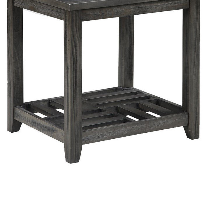 Transitional Style Wooden End Table with Open Slatted Shelf, Gray