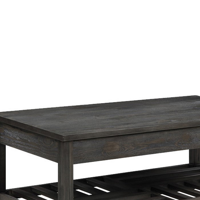 Transitional Style Wooden Coffee Table with Open Slatted Shelf, Gray