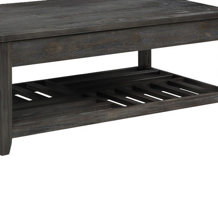 Transitional Style Wooden Coffee Table with Open Slatted Shelf, Gray