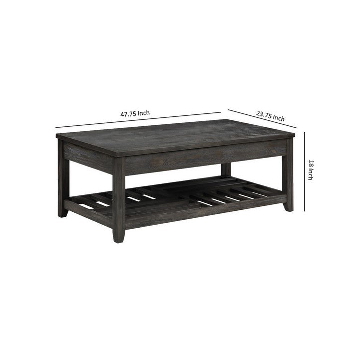 Transitional Style Wooden Coffee Table with Open Slatted Shelf, Gray