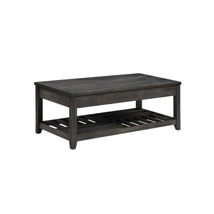 Transitional Style Wooden Coffee Table with Open Slatted Shelf, Gray