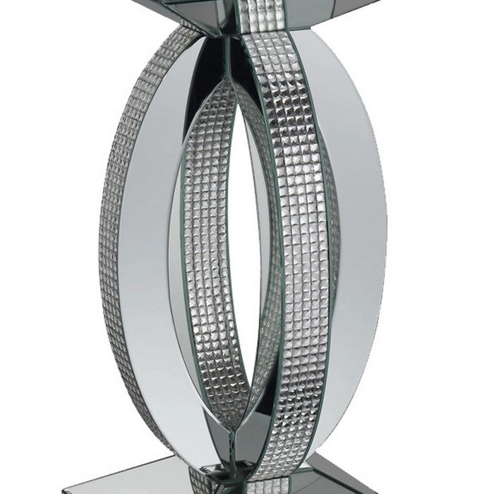 Square Wooden End Table with Curved Body and Rhinestone Accents, Silver