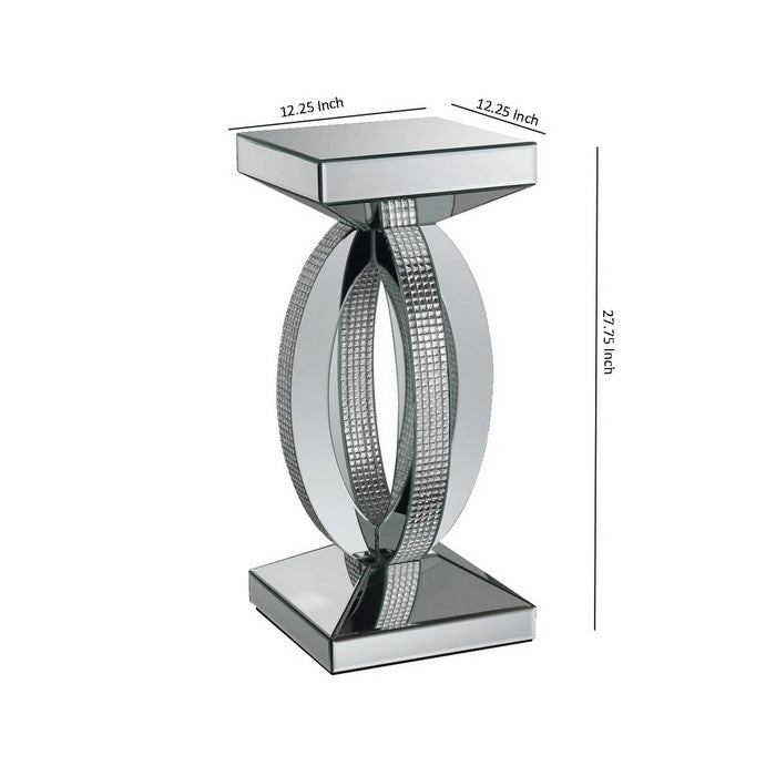 Square Wooden End Table with Curved Body and Rhinestone Accents, Silver