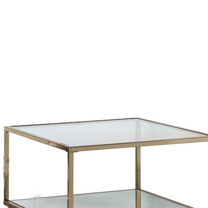 Glass Top Square Contemporary Table with Tubular Metal Base, Gold