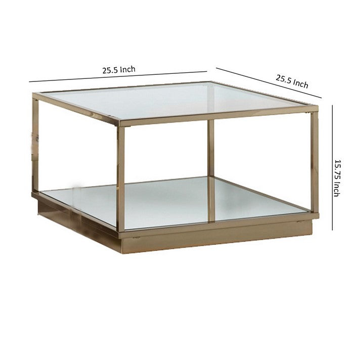Glass Top Square Contemporary Table with Tubular Metal Base, Gold