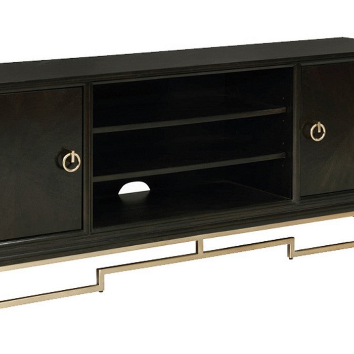 Metal Frame Wooden TV Console with 2 shelves and 2 Doors, Brown