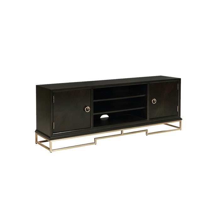 Metal Frame Wooden TV Console with 2 shelves and 2 Doors, Brown