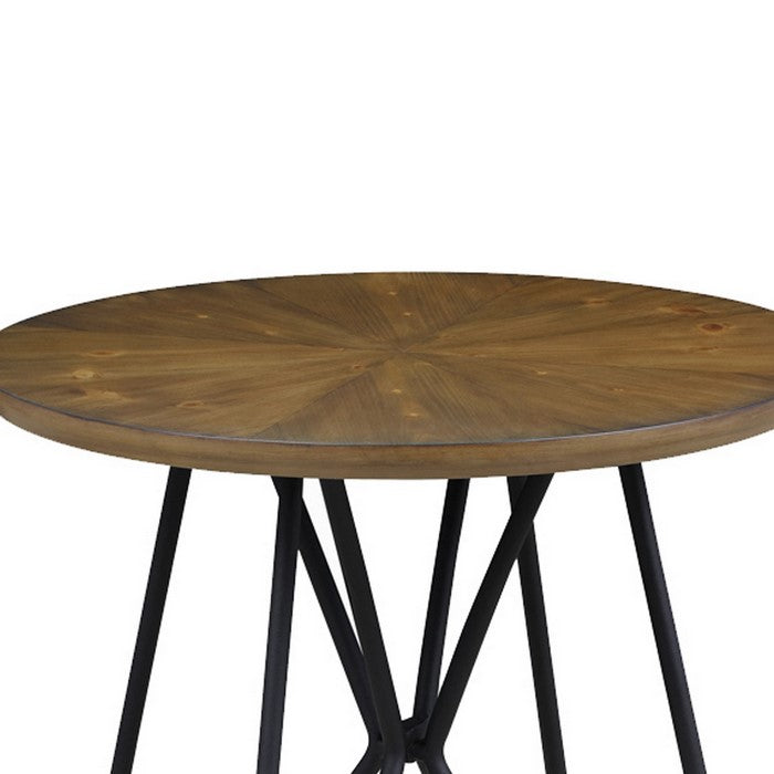 Dual Tone Round Wooden End Table with Metal Hairpin Legs, Brown and Black