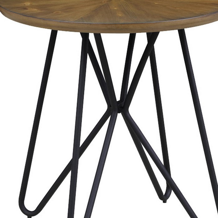 Dual Tone Round Wooden End Table with Metal Hairpin Legs, Brown and Black