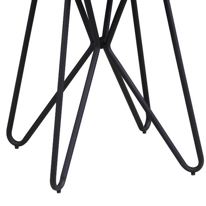 Dual Tone Round Wooden End Table with Metal Hairpin Legs, Brown and Black