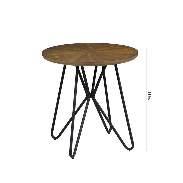 Dual Tone Round Wooden End Table with Metal Hairpin Legs, Brown and Black