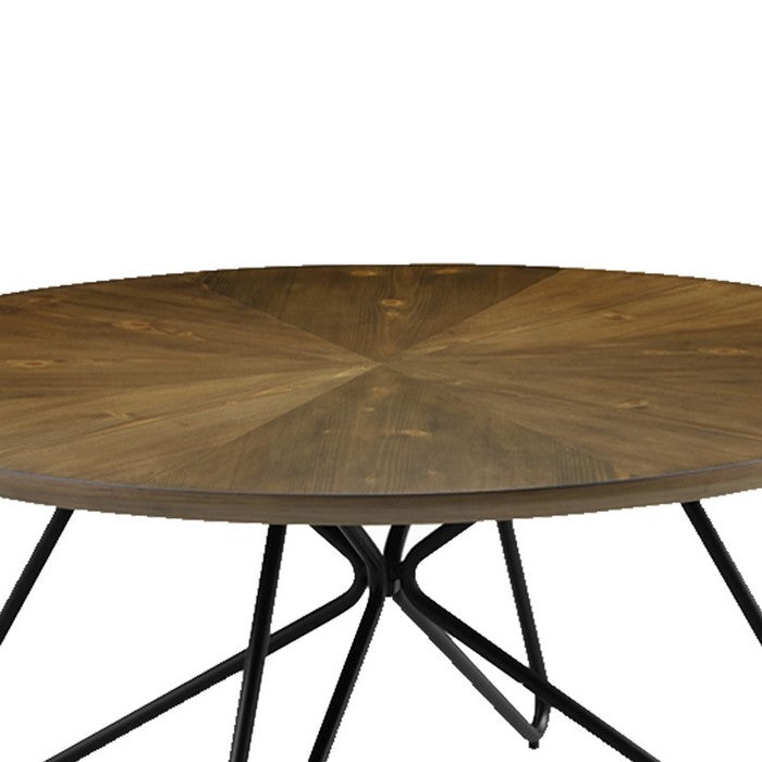 Dual Tone Round Wooden Coffee Table with Metal Hairpin Legs,Brown and Black