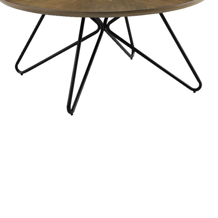 Dual Tone Round Wooden Coffee Table with Metal Hairpin Legs,Brown and Black