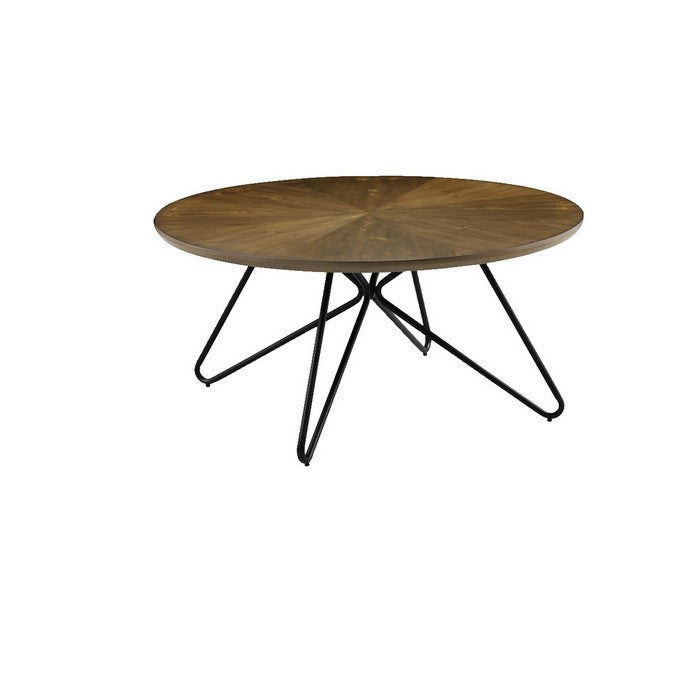 Dual Tone Round Wooden Coffee Table with Metal Hairpin Legs,Brown and Black