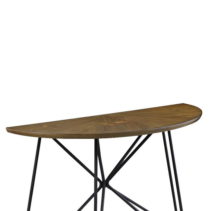 Semicircular Wooden Sofa Table with Metal Hairpin Legs, Brown and Black