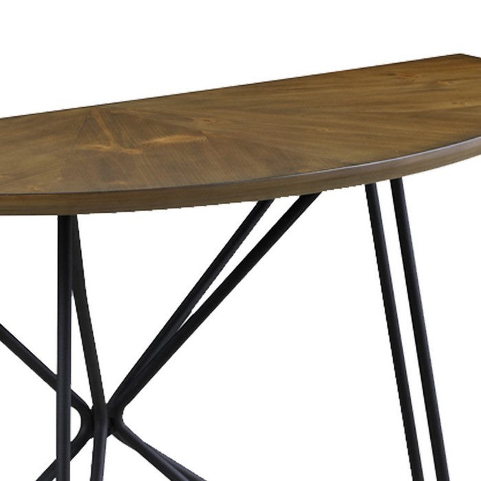 Semicircular Wooden Sofa Table with Metal Hairpin Legs, Brown and Black