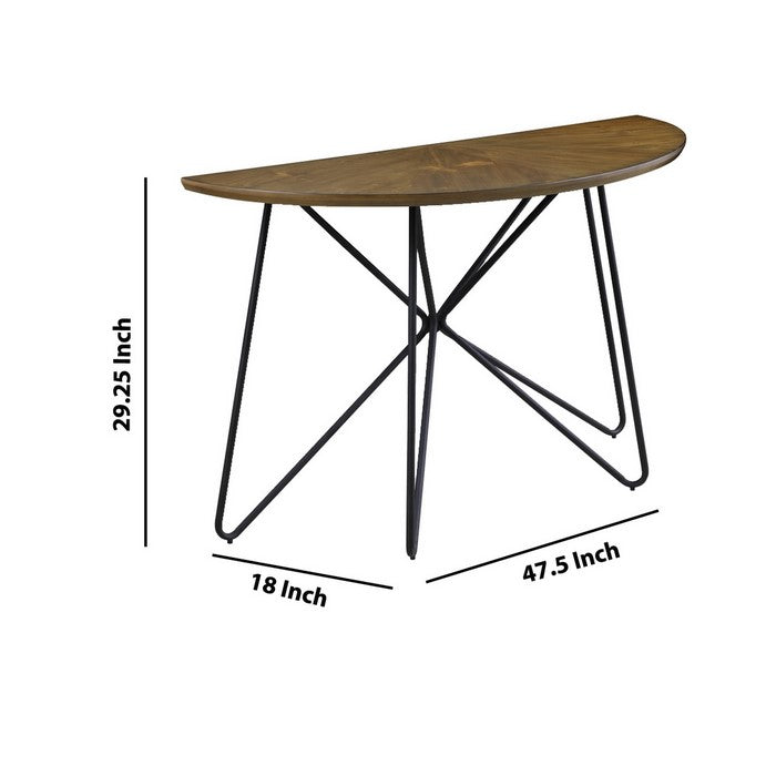 Semicircular Wooden Sofa Table with Metal Hairpin Legs, Brown and Black