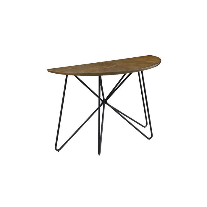 Semicircular Wooden Sofa Table with Metal Hairpin Legs, Brown and Black