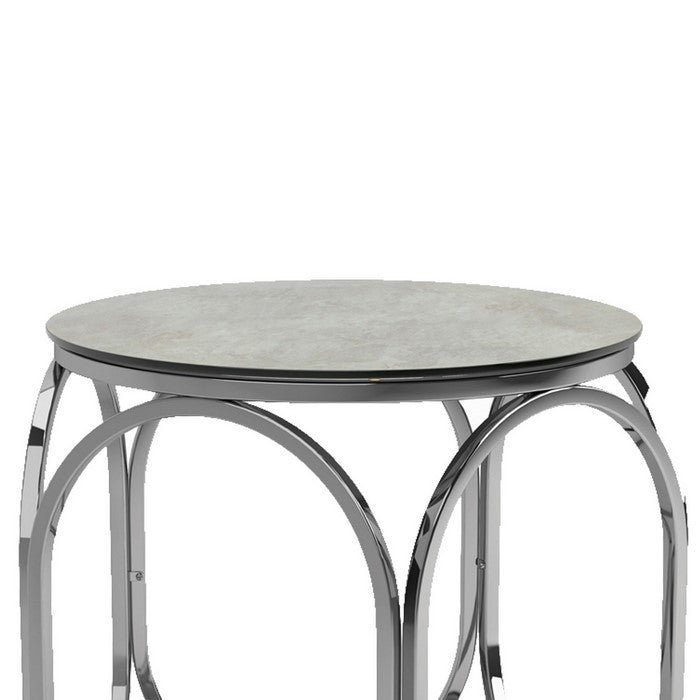 Round Glass Top End Table with Capsule Lattice Design Metal Body, Silver