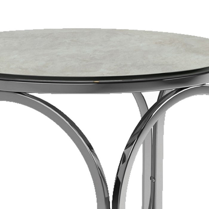 Round Glass Top End Table with Capsule Lattice Design Metal Body, Silver