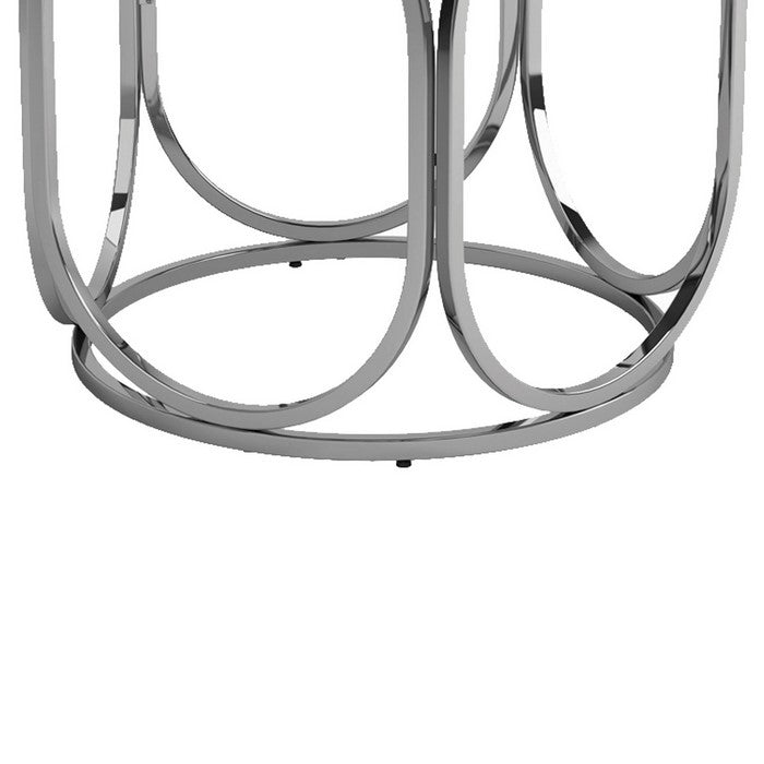 Round Glass Top End Table with Capsule Lattice Design Metal Body, Silver